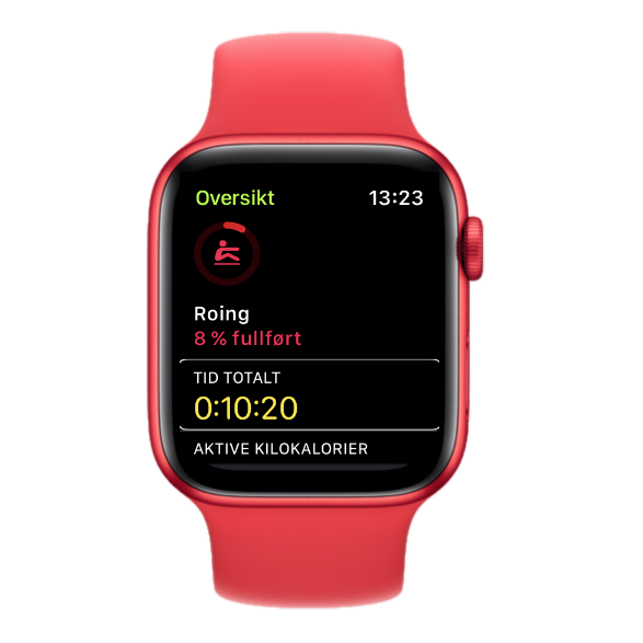Apple Watch med appen Trening og resultat av treningsøkt.