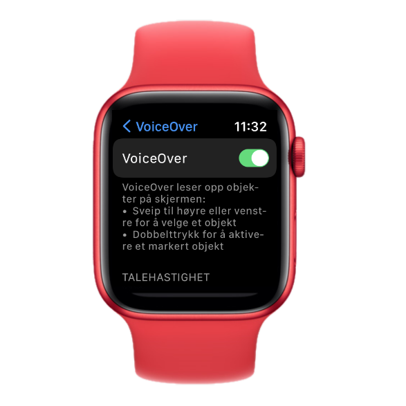 Apple Watch med VoiceOver-innstillinger åpen