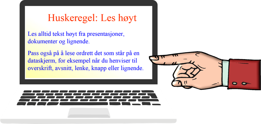 En finger peker på en dataskjerm som viser en PowerPoint-presentasjon