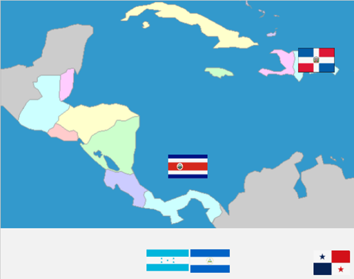 Tegning av kart av Mellom-Amerika med tilknyttede flagg plassert rundt på kartet.